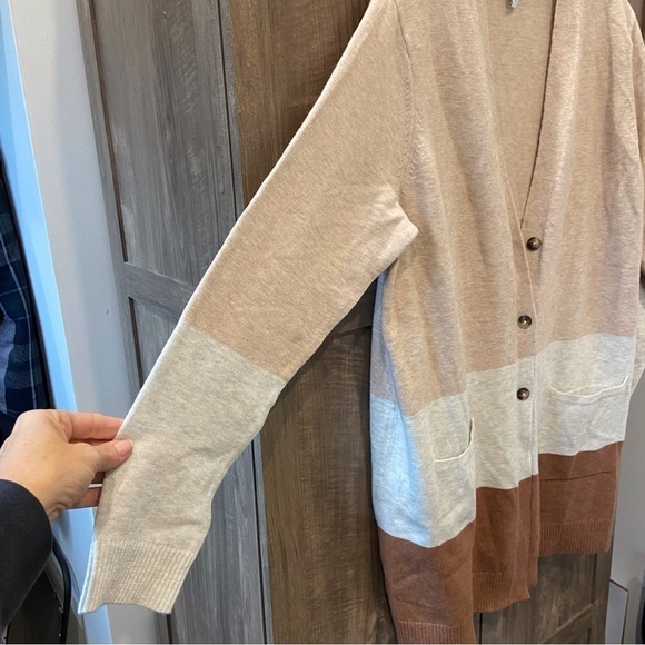 J Jill Large Sweater Cardigan Long Button front Brown Tan Color Block - Picture 6 of 11